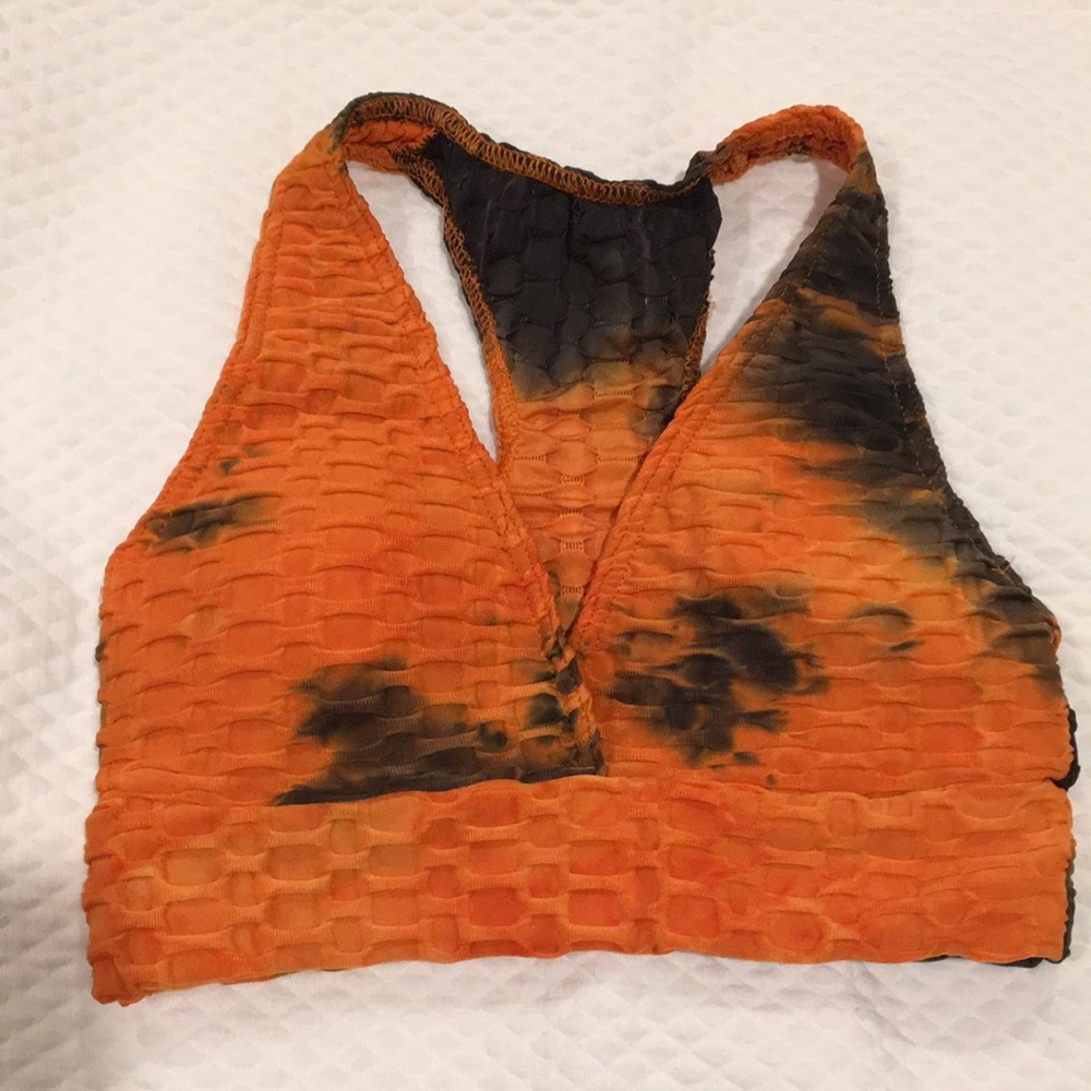 Unbranded Sports bra tie-dye orange/black textured design padded sports bra S